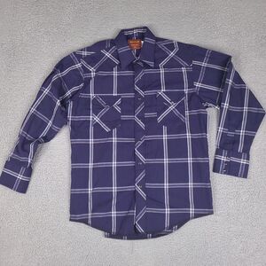 Vintage Rustler Shirt Mens 16.5 32/33 Blue Plaid Western Pearl Snap X Long Tails